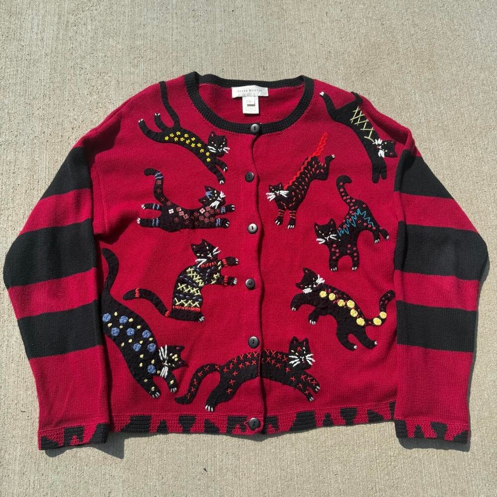 Vintage Susan Bristol Red & Black Abstract Knit Cat Cardigan Sweater Size Large